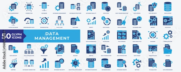 Fototapeta Data Management icon set with Database, Management, Data Transformation, Data Mining, Data Security, Data System, Cloud Database, Performance Data, Data Risk, Report, Statistics, Setting and Quality