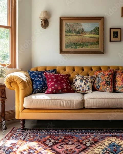 Fototapeta Mustard Yellow Chesterfield Sofa with Cushions and Rug: A luxurious mustard yellow chesterfield sofa takes center stage, adorned with a collection of patterned cushions in rich jewel tones.