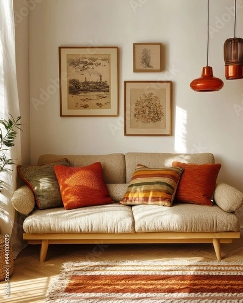 Fototapeta Cozy Interior: A warmly lit, inviting living room showcasing a mid-century modern sofa, adorned with plush pillows and artwork, a welcoming atmosphere of comfort and style.