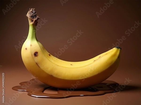 Fototapeta A single ripe yellow banana rests on a puddle of melted chocolate against a warm brown background.