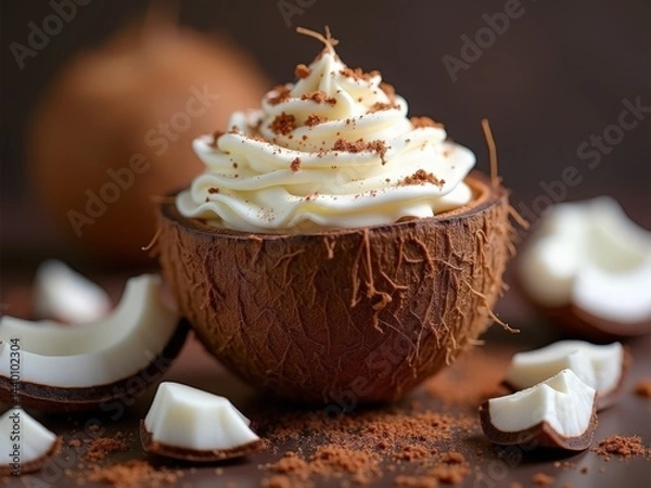 Fototapeta A delicious dessert served in a halved coconut shell, topped with swirls of whipped cream and sprinkled with brown powder, with pieces of coconut meat scattered around.