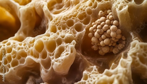Obraz Close up view of a porous beige structure with small round spheres clustered in its cavities showing detail
