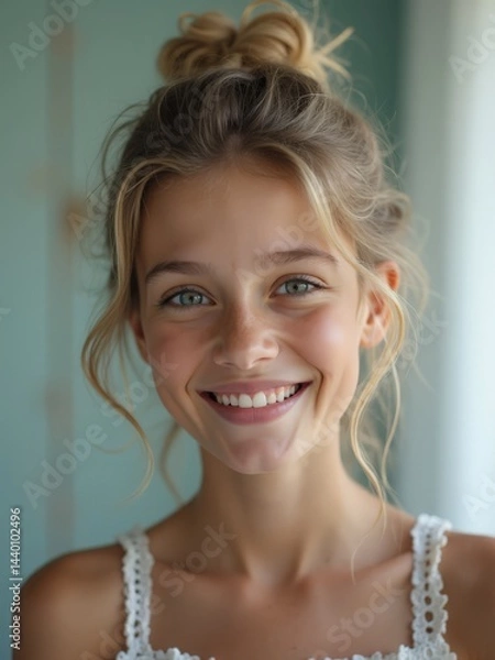 Fototapeta A close-up portrait shows a smiling young girl with her hair in a messy bun looking directly at the camera.