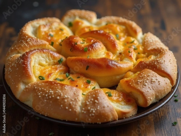 Fototapeta A circle of baked bread or pretzel pieces is topped with melted cheese and sprinkled with green herbs.