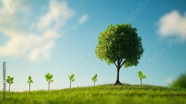 Obraz A row of seedlings, growing into a mature tree on a green hill. Growth.