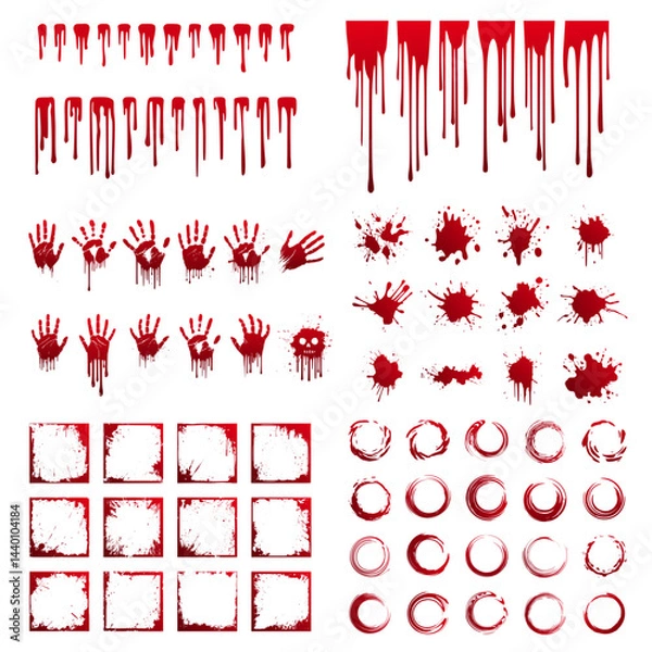Fototapeta Bloody Handprints, Blood Splatter, Dripping Blood, Bloody Frames and Circles Set – Halloween Horror Vector Collection Bundle