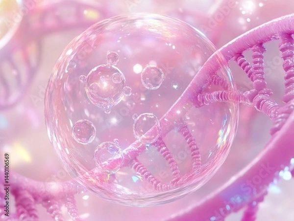 Fototapeta 3D - rendered liquid bubble with cosmetic essence and molecular elements on a pink DNA - inspired background, highlighting beauty and scientific innovation.