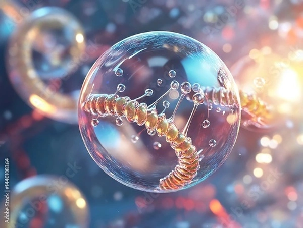 Fototapeta 3D - rendered liquid bubble with cosmetic essence and molecular details on a vibrant DNA - based background, symbolizing cutting - edge beauty science.