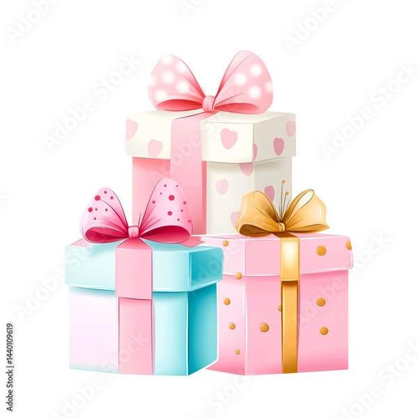 Fototapeta Three colorful beautiful multicolored gifts with bows and ribbons isolated on transparent background. Sticker with cute cartoon gift boxes