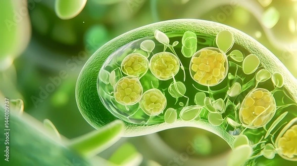 Obraz Close up of a green plant cell with yellow spheres inside and green stems in a blurred background
