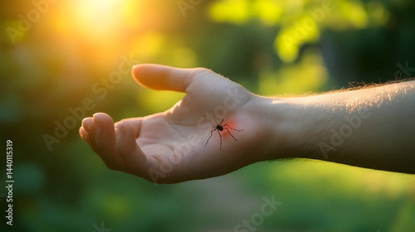 Obraz a bitten arm with a visible red mosquito bump, scratching hand nearby, blurred nature background, natural lighting, concept of discomfort during mosquito season, minimal setup