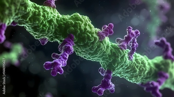 Fototapeta Close up of a green and purple molecular structure with a dark background and bokeh effect visible