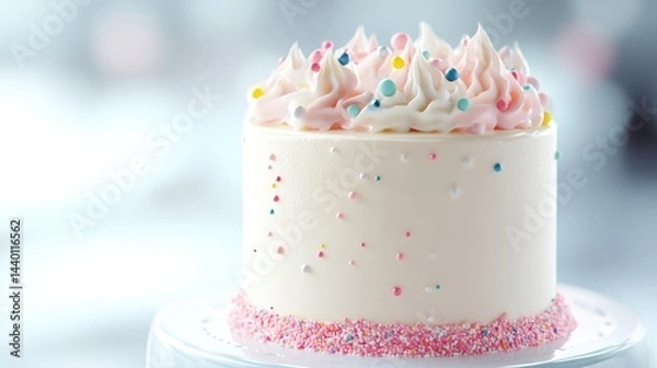 Fototapeta Adorable small birthday cake with pastel frosting and sprinkles