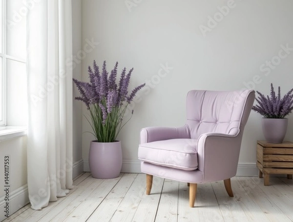 Fototapeta Reading corner in light Provence style: pastel lavender armchair, whitewashed wooden floors, white curtains, lavender pots. Bright and gentle interior