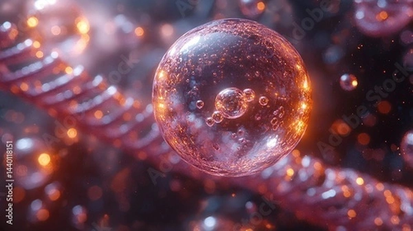 Fototapeta 3D - rendered transparent bubble with molecular components in warm tones, on a DNA - themed backdrop, highlighting molecular beauty technology.