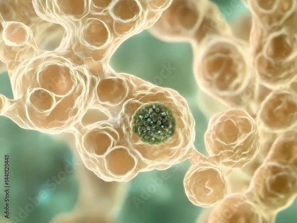 Fototapeta A microscopic view of cells with a green spherical structure inside one cell and a network of cells around it