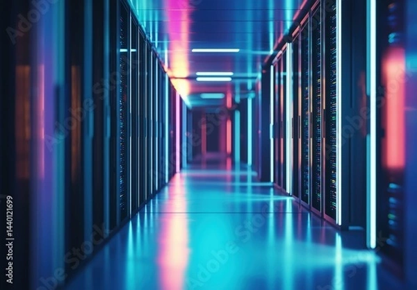 Fototapeta Futuristic server room with blue and pink neon lights reflecting on sleek floors, ideal for cloud computing projects, cybersecurity marketing, and innovative technology themes