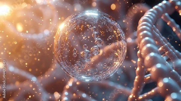 Fototapeta 3D - rendered clear bubble with molecular structures in shimmering tones, set against a vibrant DNA - based background, showcasing cutting - edge molecular beauty innovation.