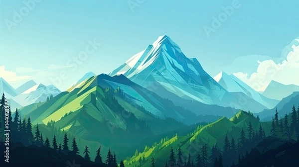 Fototapeta Mountain landscape with green grass and blue sky with clouds at sunset ,Beautiful mountain landscape with green meadow and snow-capped peaks