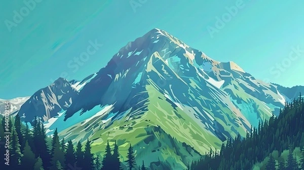 Fototapeta Mountain landscape with green grass and blue sky with clouds at sunset ,Beautiful mountain landscape with green meadow and snow-capped peaks
