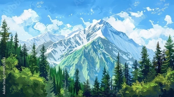 Fototapeta Mountain landscape with green grass and blue sky with clouds at sunset ,Beautiful mountain landscape with green meadow and snow-capped peaks