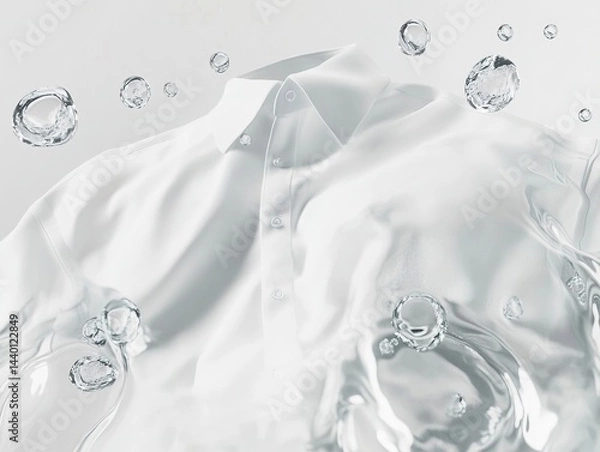 Fototapeta white casual shirt surrounded by water bubbles, highlighting its cleanliness and the role of detergent in molecular - level cleaning.