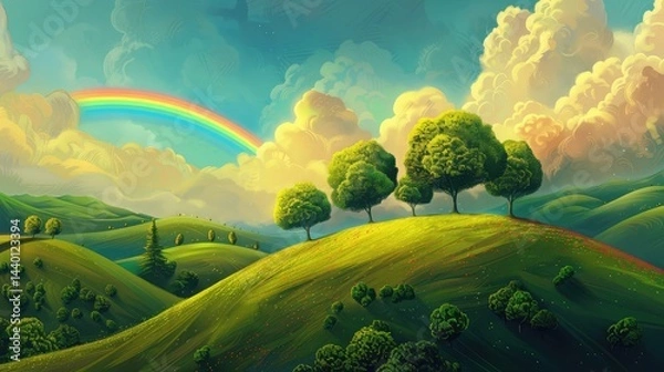 Fototapeta Summer landscape with green grass and blue sky with clouds and rainbow ,Beautiful summer landscape with green meadow and rainbow in the sky