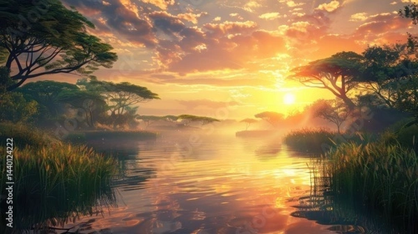 Fototapeta golden evening sunbeams glisten on a tranquil pond, Beautiful summer landscape with lake and trees on the shore at sunset