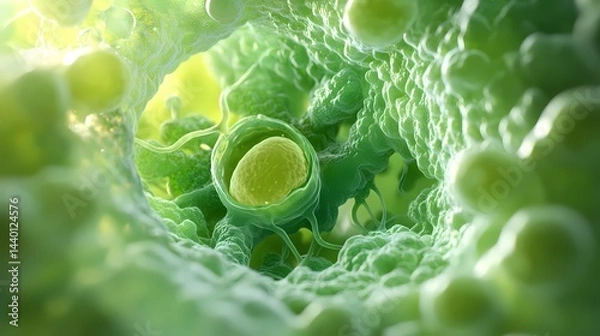 Fototapeta A microscopic view of a green cell with a yellow nucleus inside a green textured organic structure