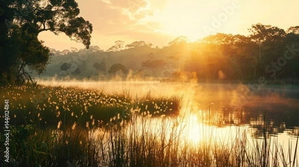 Fototapeta golden evening sunbeams glisten on a tranquil pond, Beautiful summer landscape with lake and trees on the shore at sunset