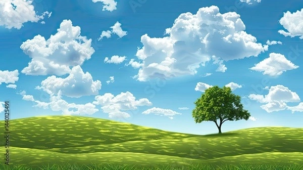 Fototapeta beautiful green field during springtime ,Panoramic natural landscape with green grass field and blue sky with clouds with curved horizon line