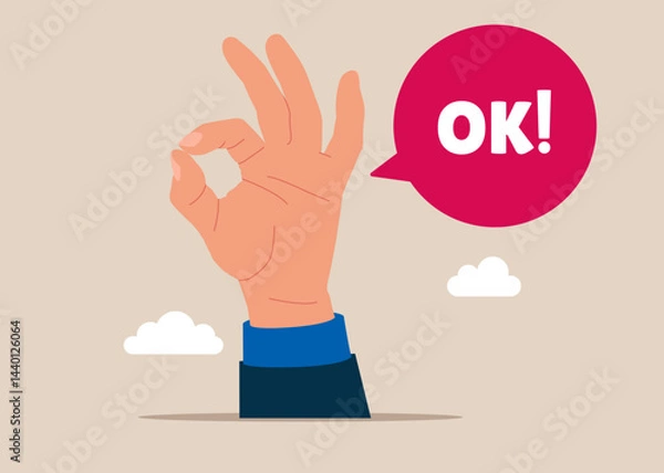 Obraz Hand businessman shows the ok. Succeed in work. People like. Rating, survey, marketing, business success. Positive feedback. Flat vector illustration