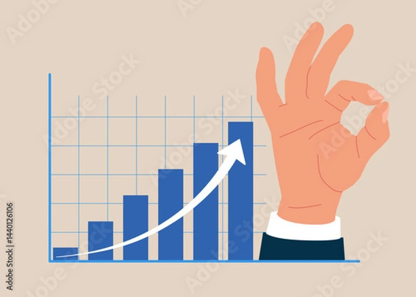 Obraz Hand businessman shows the ok and rising profit growth graph. Investment profit growth, financial advisor. Make money to get rich or increase earning or income. Vector illustration
