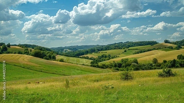 Fototapeta Beautiful summer landscape with green meadow and forest at sunset ,A green field stretches into the distance, with towering mountains forming a majestic backdrop under a clear sky