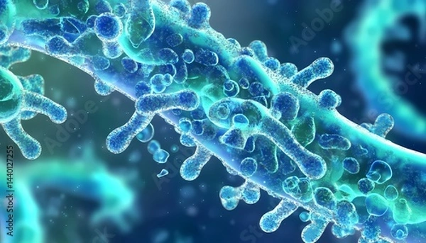 Obraz A microscopic view displaying a virus like structure with blue and green hues and small particles