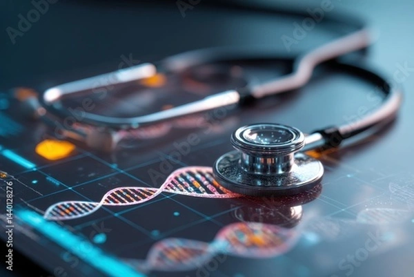 Fototapeta A close-up shot of a stethoscope resting on a screen displaying DNA strands, highlighting the intersection of medicine and technology.