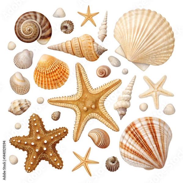 Fototapeta Collection of assorted seashells and starfish isolated on white background, marine decorative elements, summer beach concept, Ai generative