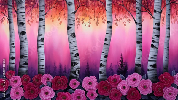 Fototapeta birch trees with pink sky and pink flowers. 