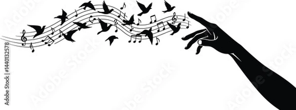 Fototapeta Hand Releasing Birds Transforming into Music Notes