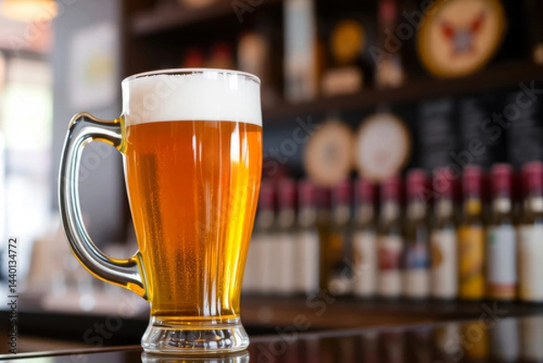 Fototapeta clear glass filled with golden beer and foam on a bar counter in a pub or bar