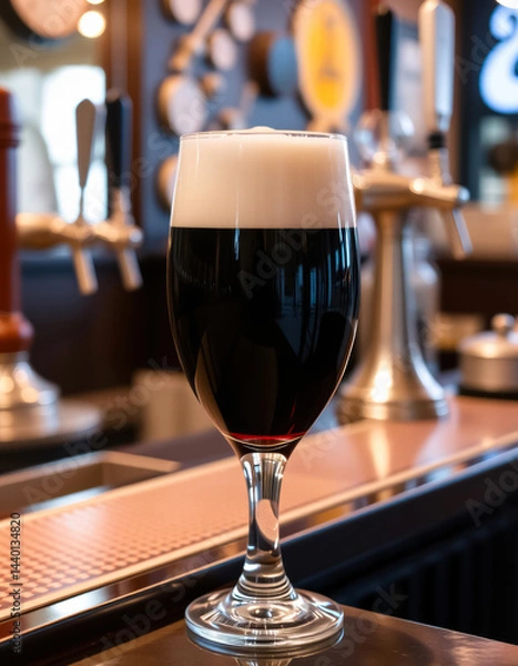 Fototapeta glass of tasty dark unfiltered malt beer stands on bar counter against background of shelves in bar or pub