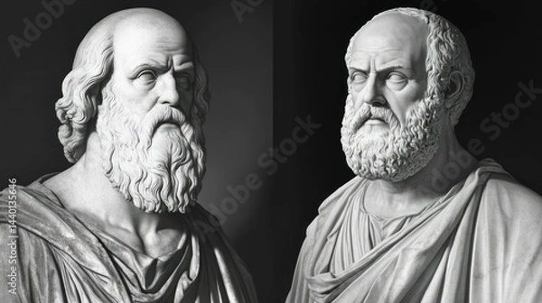 Fototapeta Two monochrome statues of ancient Greek philosophers, with beards and togas.