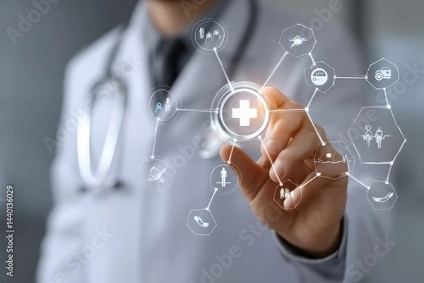 Fototapeta Doctor interacts with a digital interface showing a medical network.  Modern healthcare technology.