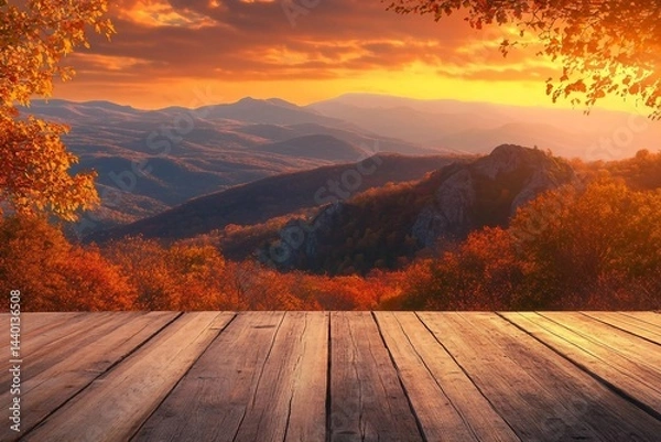 Fototapeta Autumn beautiful background with sunset over mountains and empty wooden table in nature outdoor. Natural template landscape.