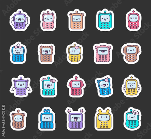 Fototapeta Adorable baby phone character set with smiling faces, funny emotions, cute wings, hats, buttons, antennas, hearts, flowers, crowns for yours creative projects