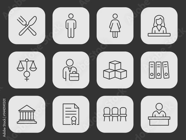 Obraz Set of vector line icons for office, business, law, workplace and city hall concepts. Consistent collection. Kitchen, bathroom, male, female, reception, woman, advisory, warehouse, archive, board, bid