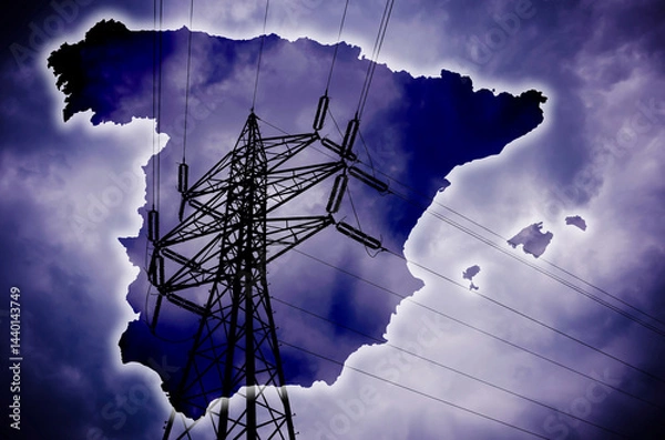 Fototapeta Spanish map, dramatic stormy clouds with electrical wiring, Spain blackout