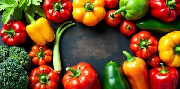 Fototapeta Various colorful vegetables arranged in a pattern with shadow, top view, meal, assortment, diet