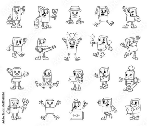 Fototapeta Eraser cartoon characters with emotions and actions for retro educational office musical magical festive lifestyle illustrations in groovy outline style