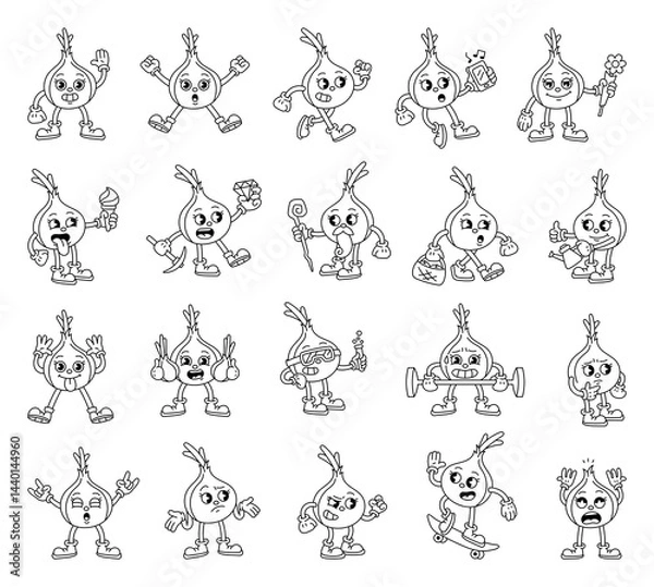 Fototapeta Onion cartoon characters with emotions actions objects costumes food and science elements in groovy retro outline style